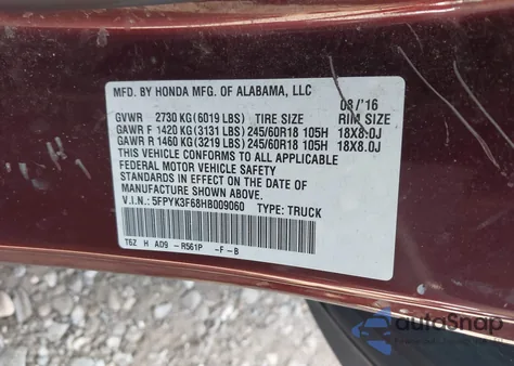 2017 Honda Ridgeline Rtl-T from USA, damaged, VIN 5FPYK3F68HB009060